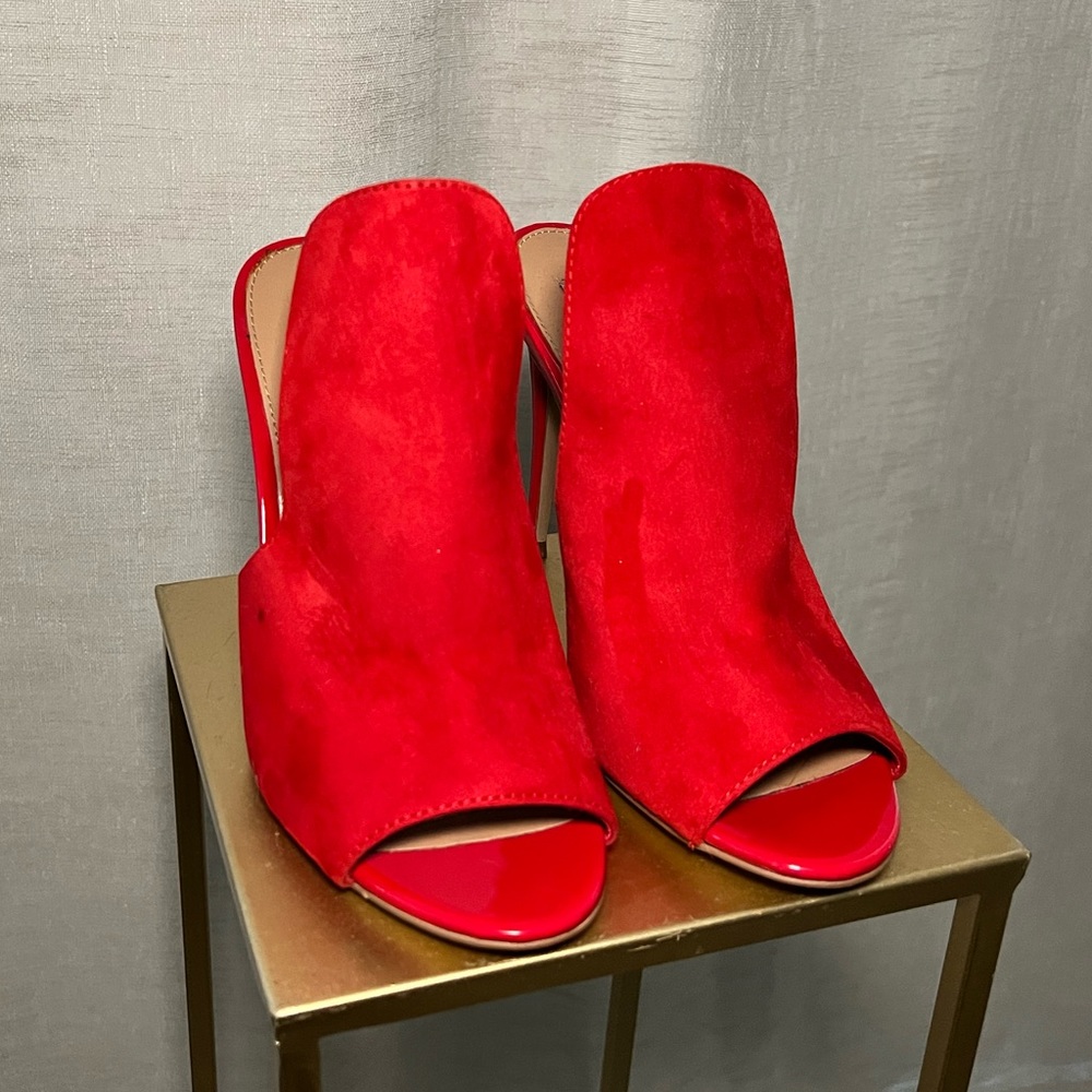 Red Suede Steve Madden Open Toe Stiletto Pumps